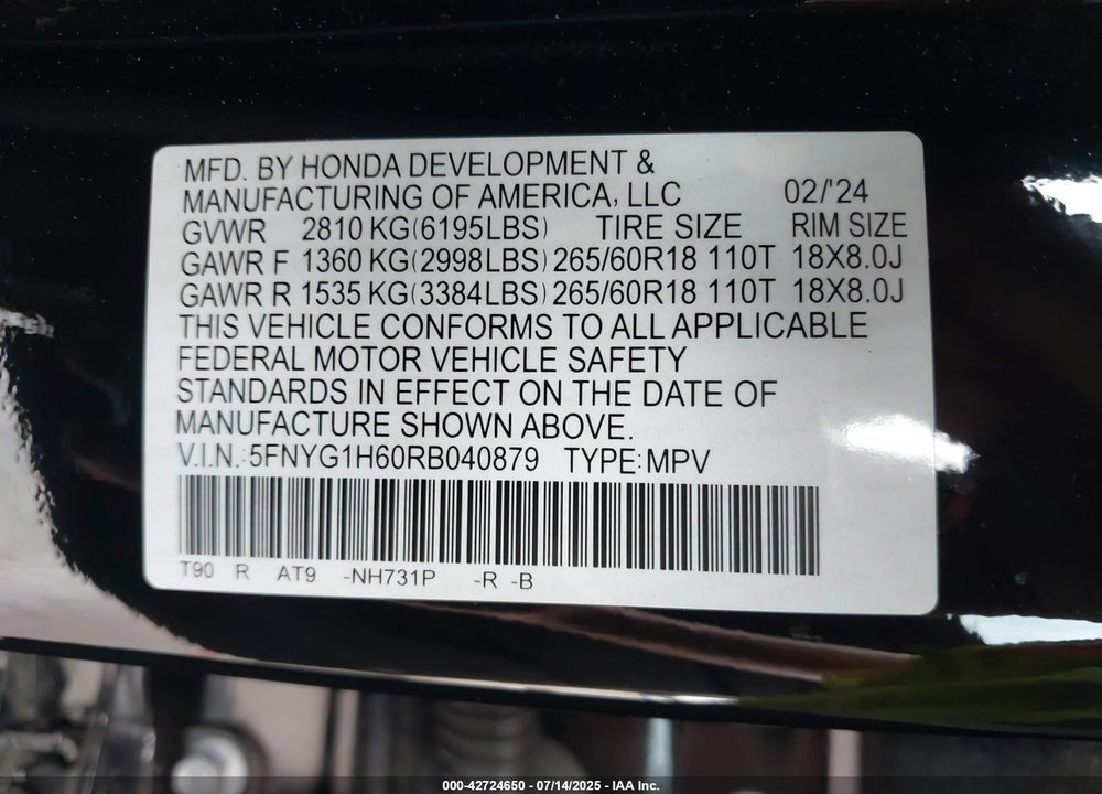 2024 HONDA PILOT VIN: 5FNYG1H60RB040879