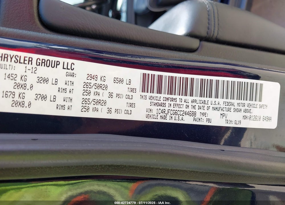 2012 JEEP GRAND CHEROKEE VIN: 1C4RJFCG6CC244688