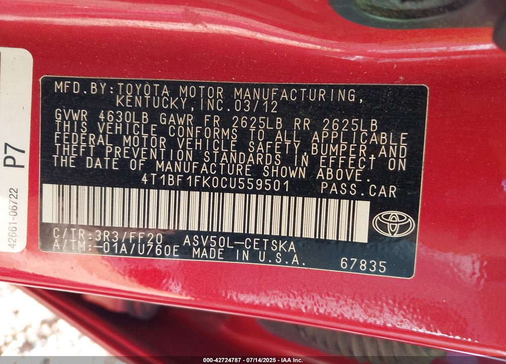 2012 TOYOTA CAMRY VIN: 4T1BF1FK0CU559501