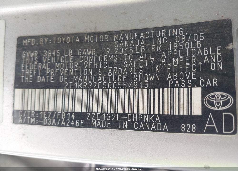 2006 TOYOTA MATRIX/XR VIN: 2T1KR32E56C557915