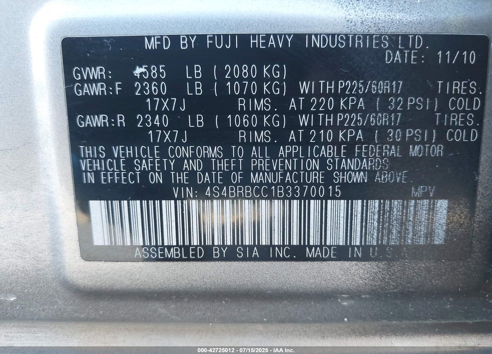 2011 SUBARU OUTBACK VIN: 4S4BRBCC1B3370015