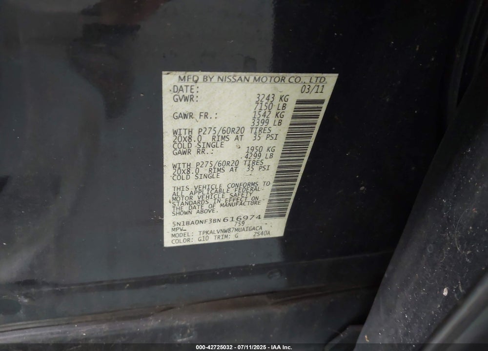 2011 NISSAN ARMADA VIN: 5N1BA0NF3BN616974