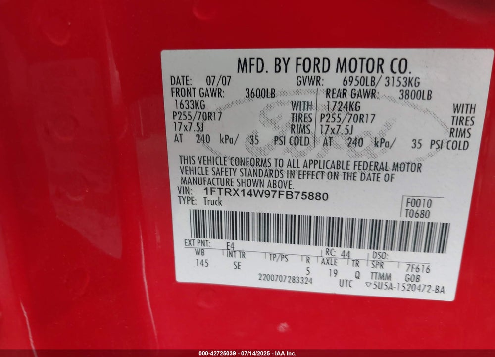 2007 FORD F-150 VIN: 1FTRX14W97FB75880