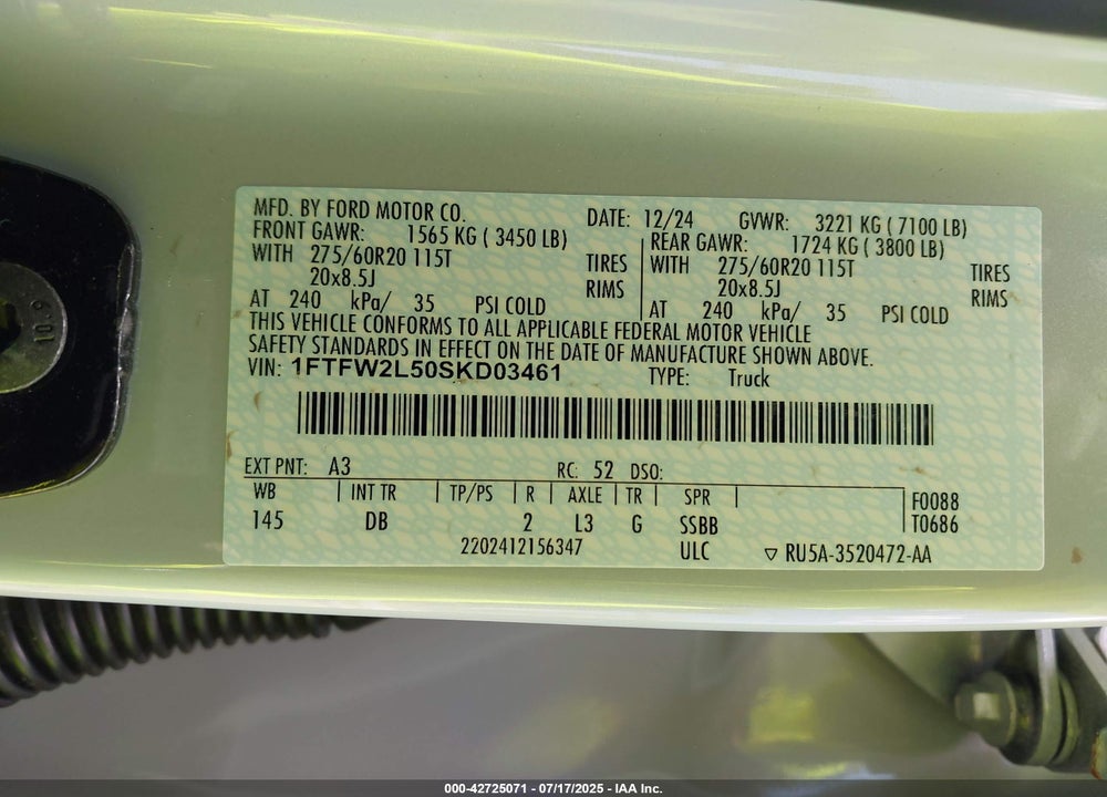 2025 FORD F-150 STX VIN: 1FTFW2L50SKD03461