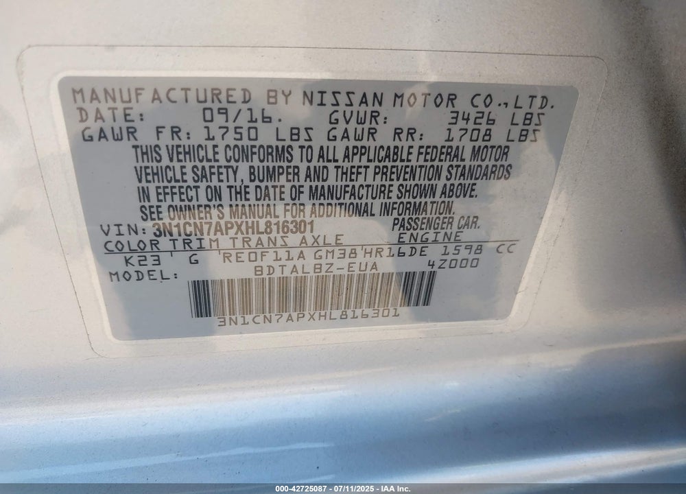 2017 NISSAN VERSA VIN: 3N1CN7APXHL816301