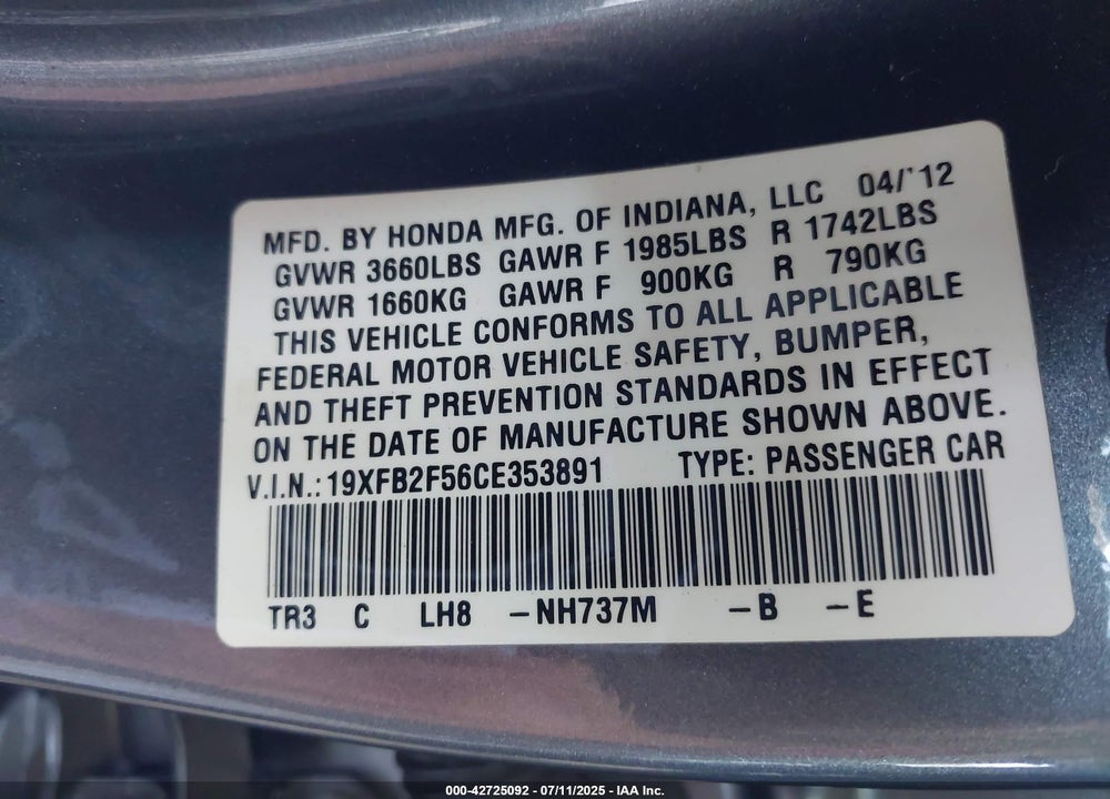 2012 HONDA CIVIC VIN: 19XFB2F56CE353891
