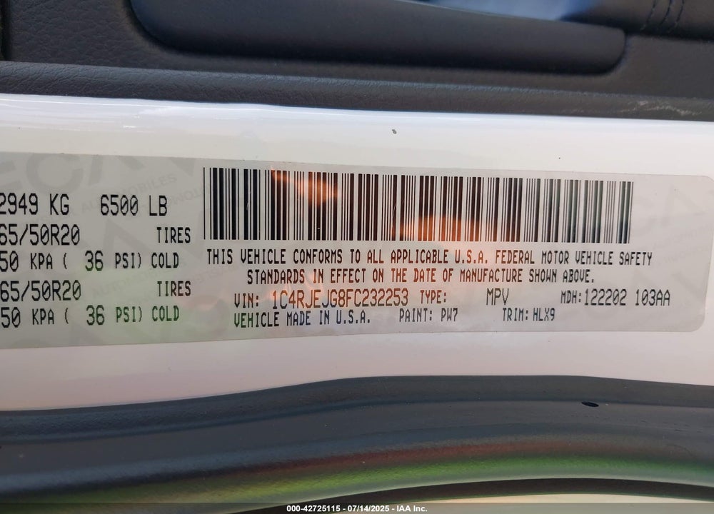 2015 JEEP GRAND CHEROKEE VIN: 1C4RJEJG8FC232253