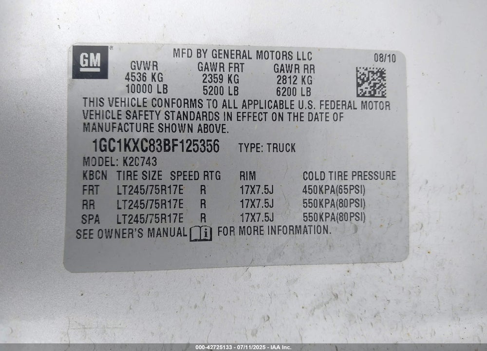 2011 CHEVROLET SILVERADO 2500 VIN: 1GC1KXC83BF125356