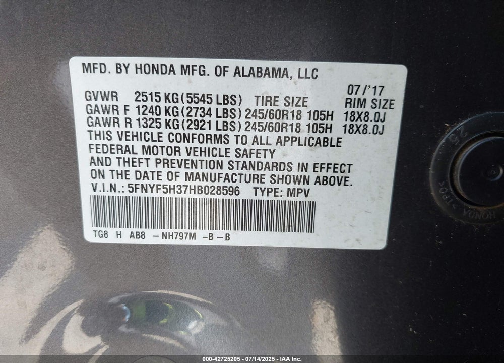 2017 HONDA PILOT VIN: 5FNYF5H37HB028596