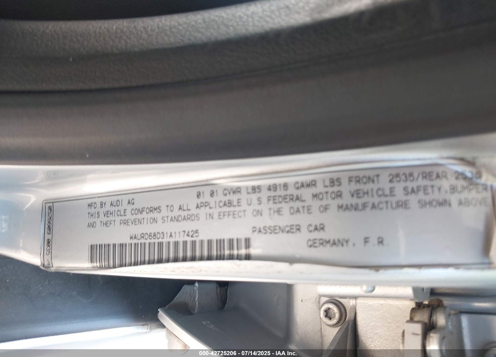 2001 AUDI S4 VIN: WAURD68D31A117425