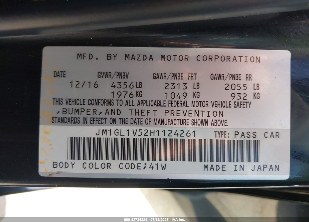 2017 MAZDA 6 VIN: JM1GL1V52H1124261