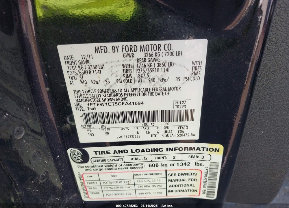 2012 FORD F-150 FX4 VIN: 1FTFW1ET5CFA41694