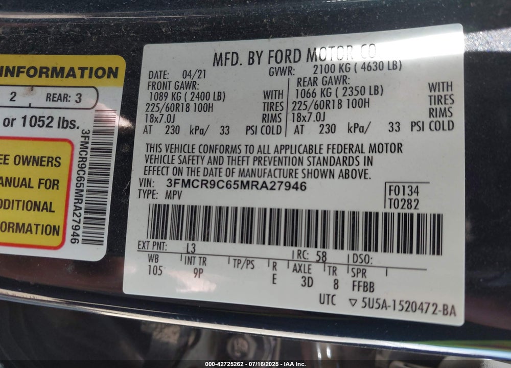 2021 FORD BRONCO SPORT VIN: 3FMCR9C65MRA27946