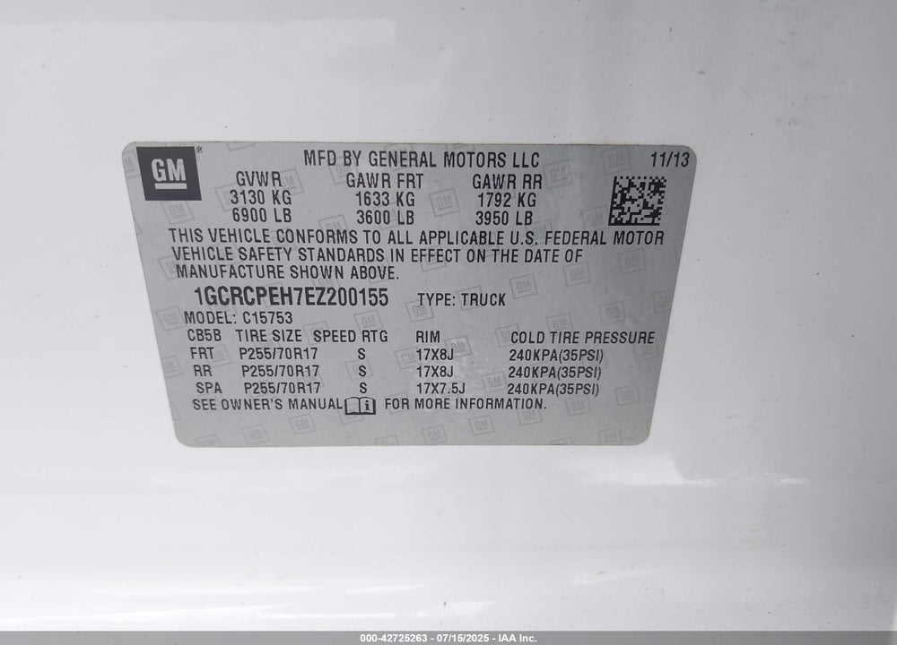 2014 CHEVROLET SILVERADO 1500 VIN: 1GCRCPEH7EZ200155
