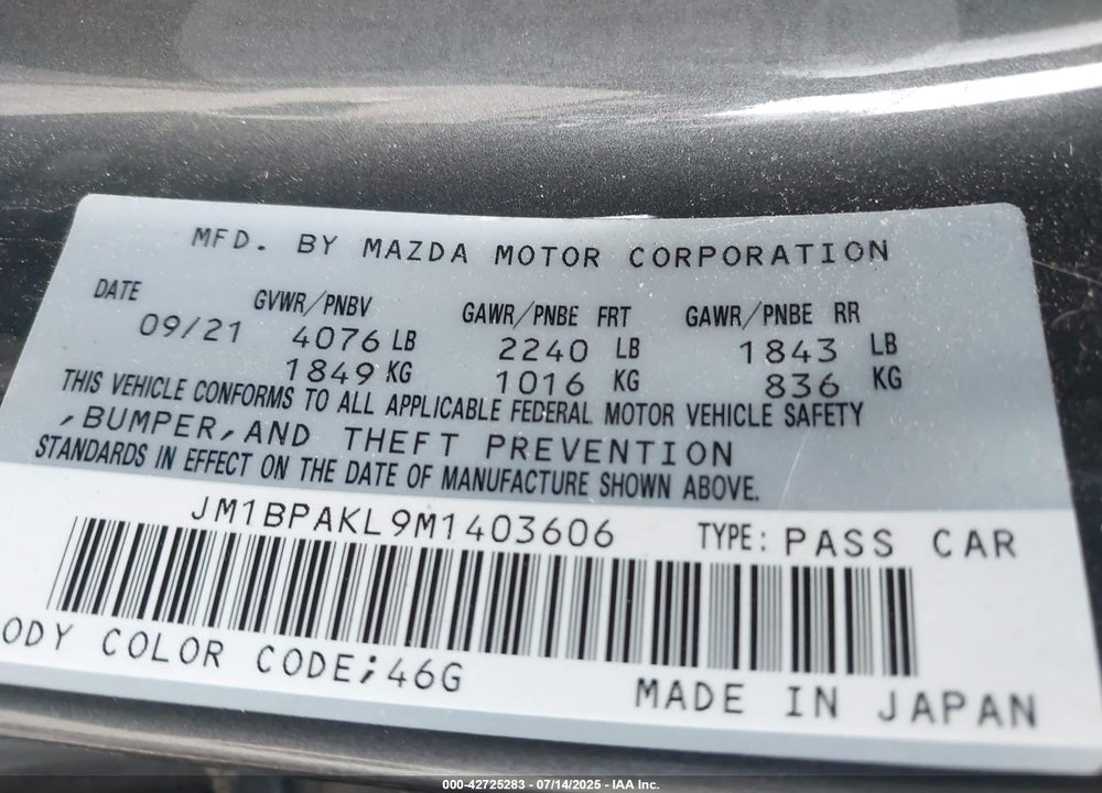 2021 MAZDA 3 VIN: JM1BPAKL9M1403606