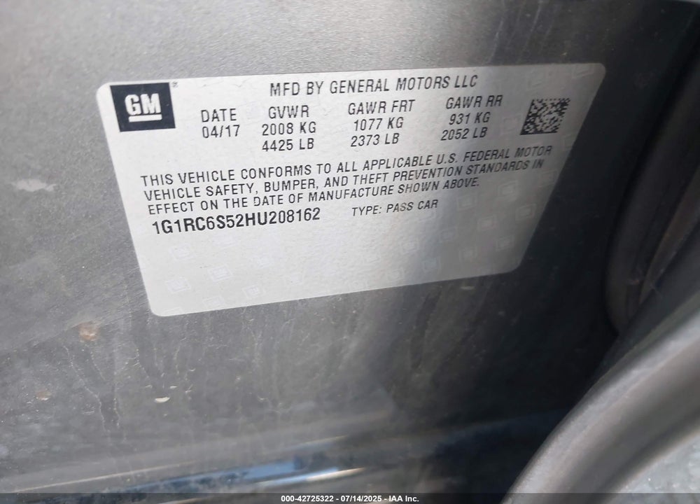 2017 CHEVROLET VOLT VIN: 1G1RC6S52HU208162