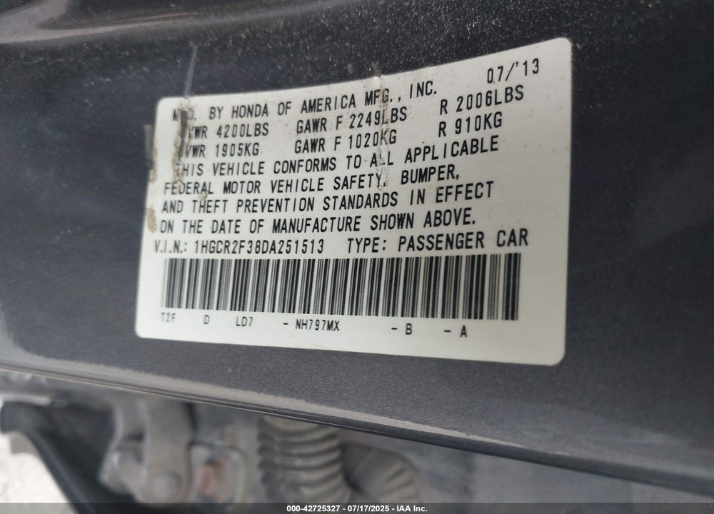 2013 HONDA ACCORD VIN: 1HGCR2F38DA251513