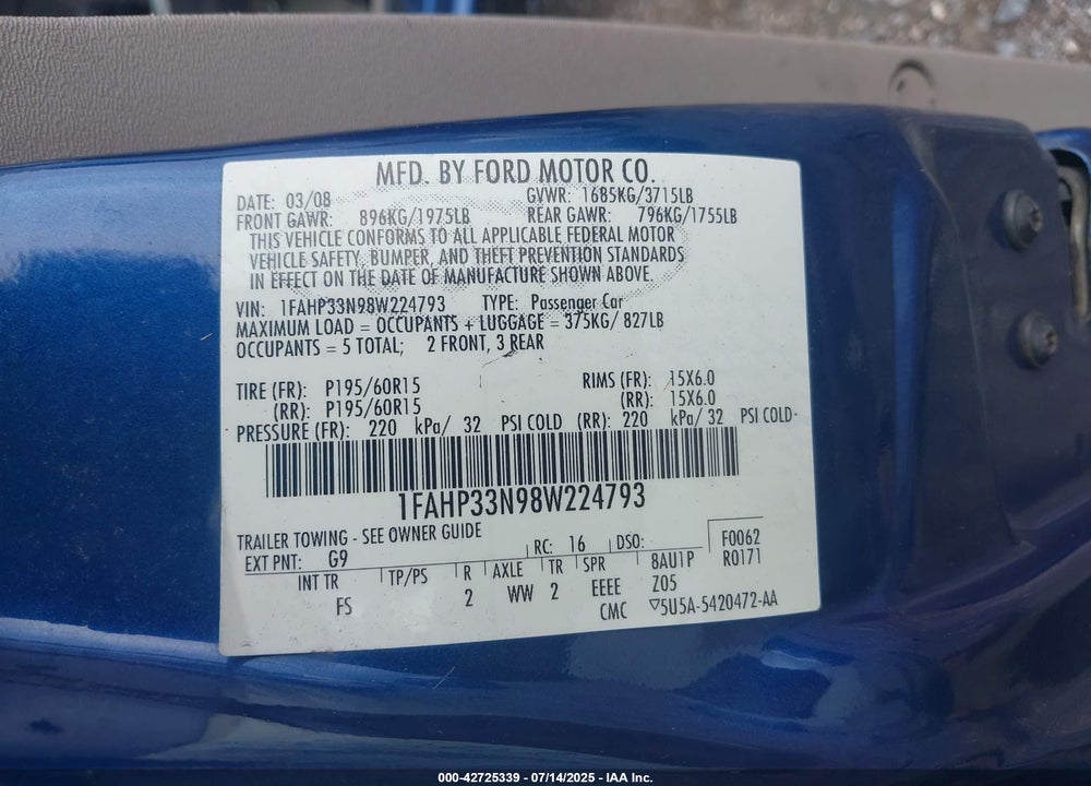 2008 FORD FOCUS VIN: 1FAHP33N98W224793