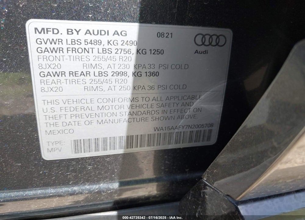 2022 AUDI Q5 SPORTBACK VIN: WA15AAFY7N2005708