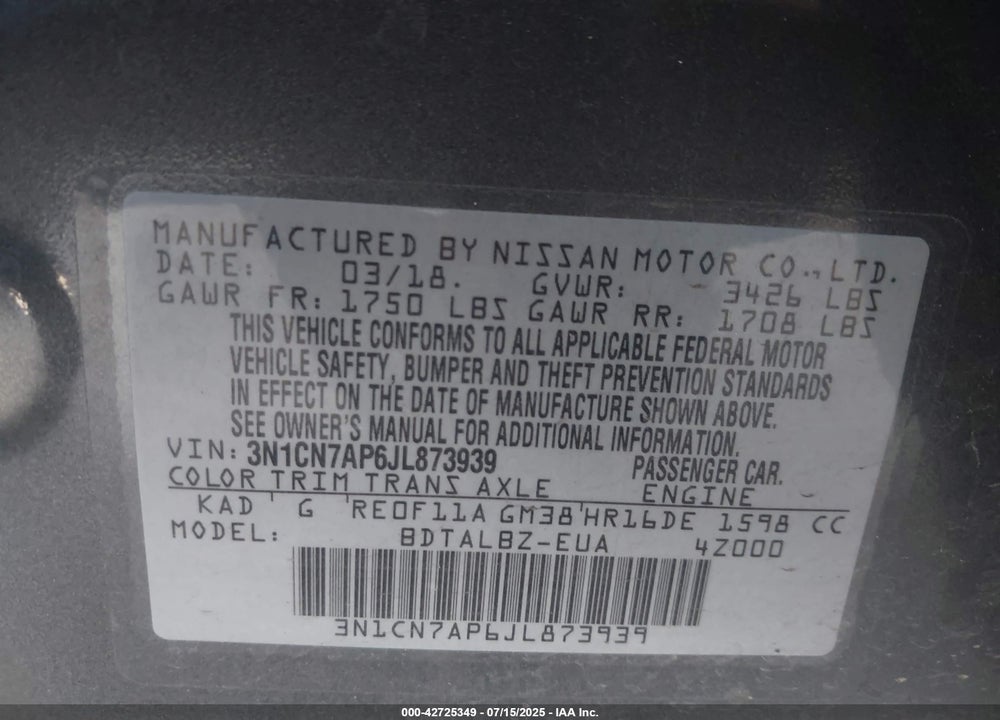 2018 NISSAN VERSA VIN: 3N1CN7AP6JL873939