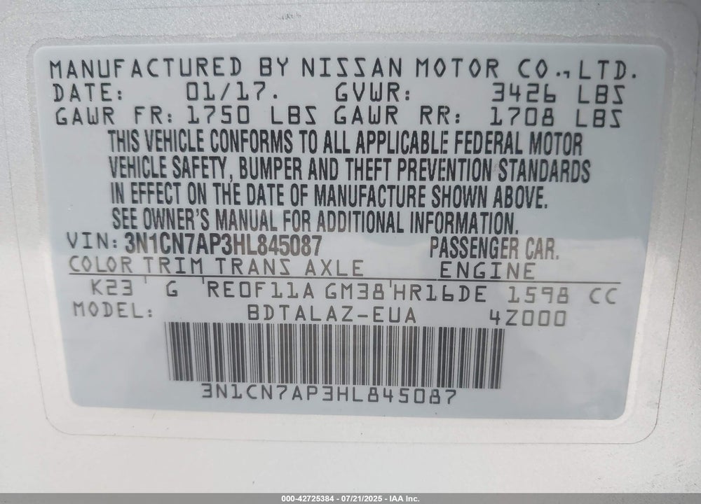 2017 NISSAN VERSA VIN: 3N1CN7AP3HL845087
