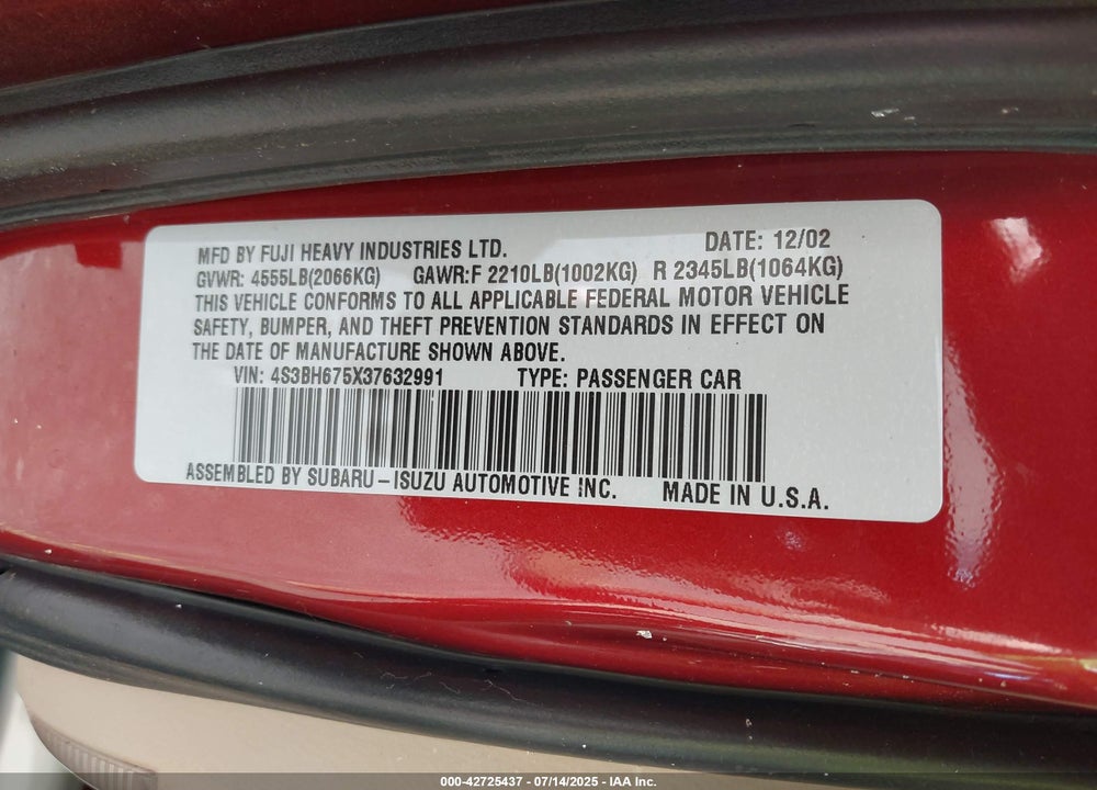 2003 SUBARU OUTBACK VIN: 4S3BH675X37632991