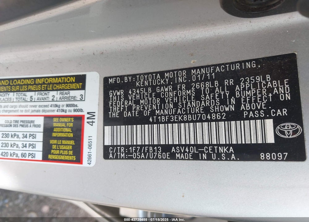 2011 TOYOTA CAMRY VIN: 4T1BF3EK8BU704862