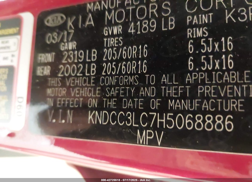 2017 KIA NIRO VIN: KNDCC3LC7H5068886