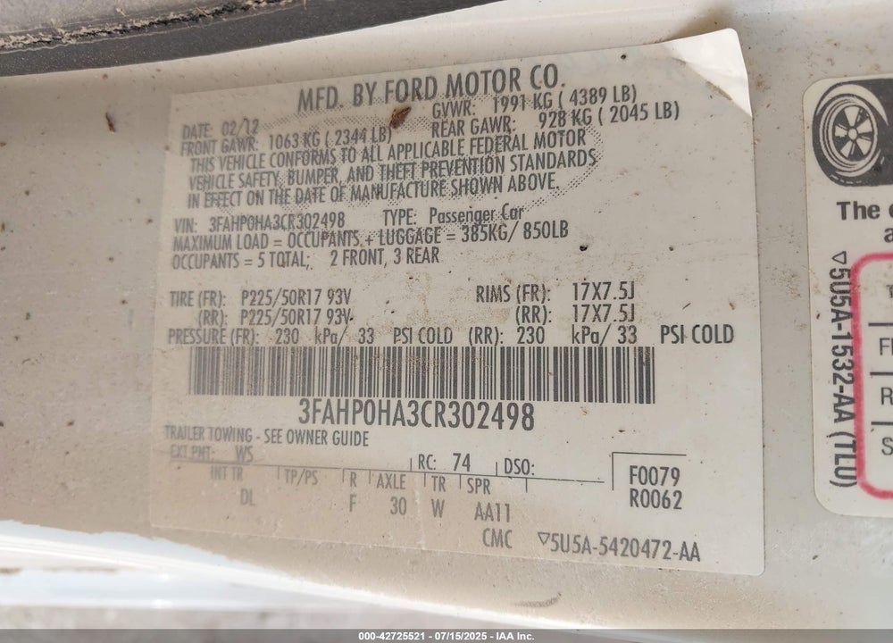 2012 FORD FUSION SE VIN: 3FAHP0HA3CR302498