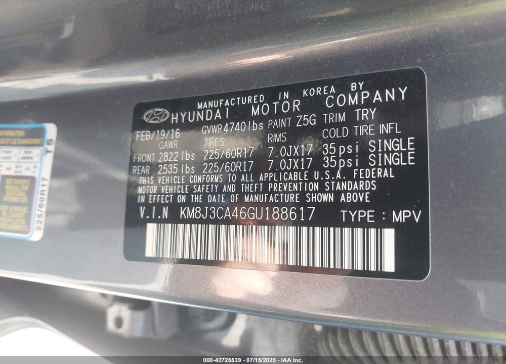 2016 HYUNDAI TUCSON VIN: KM8J3CA46GU188617