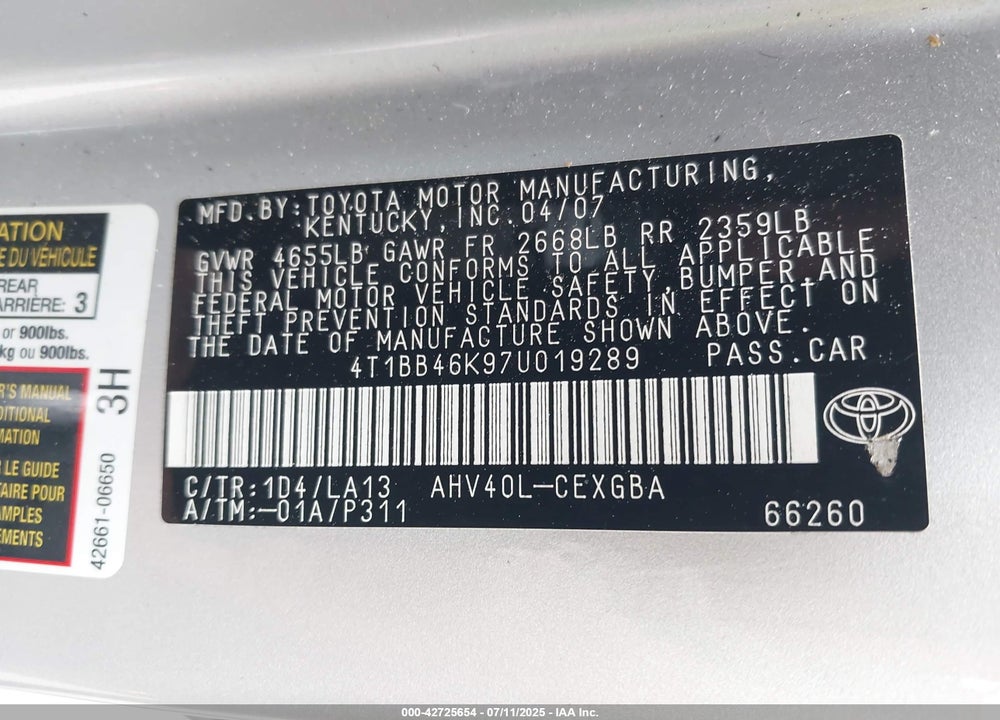 2007 TOYOTA CAMRY HYBRID VIN: 4T1BB46K97U019289
