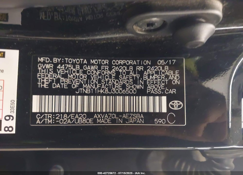 2018 TOYOTA CAMRY VIN: JTNB11HK8J3006500