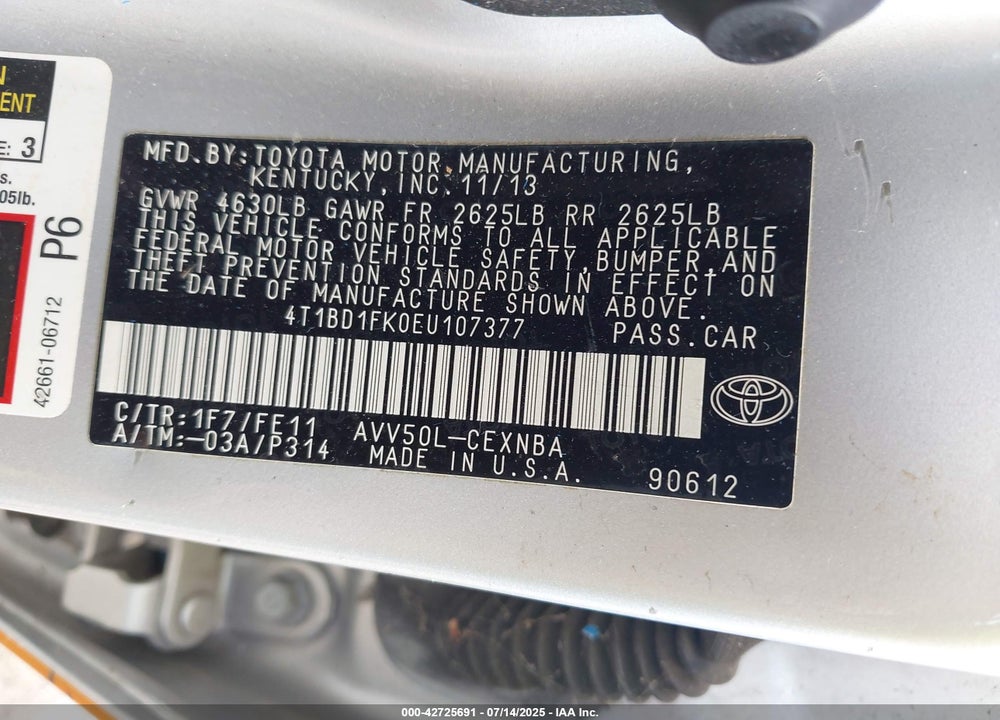 2014 TOYOTA CAMRY HYBRID VIN: 4T1BD1FK0EU107377