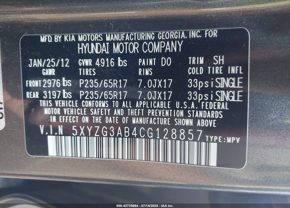 2012 HYUNDAI SANTA FE GLS VIN: 5XYZG3AB4CG128857