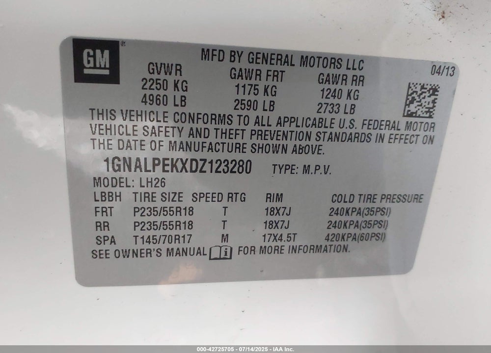 2013 CHEVROLET EQUINOX VIN: 1GNALPEKXDZ123280