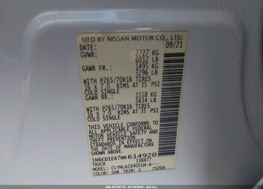 2022 NISSAN FRONTIER VIN: 1N6ED1EK7NN614920