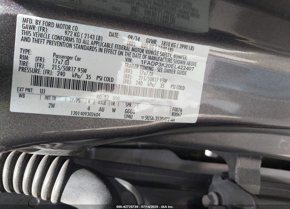 2014 FORD FOCUS VIN: 1FADP3K20EL422407