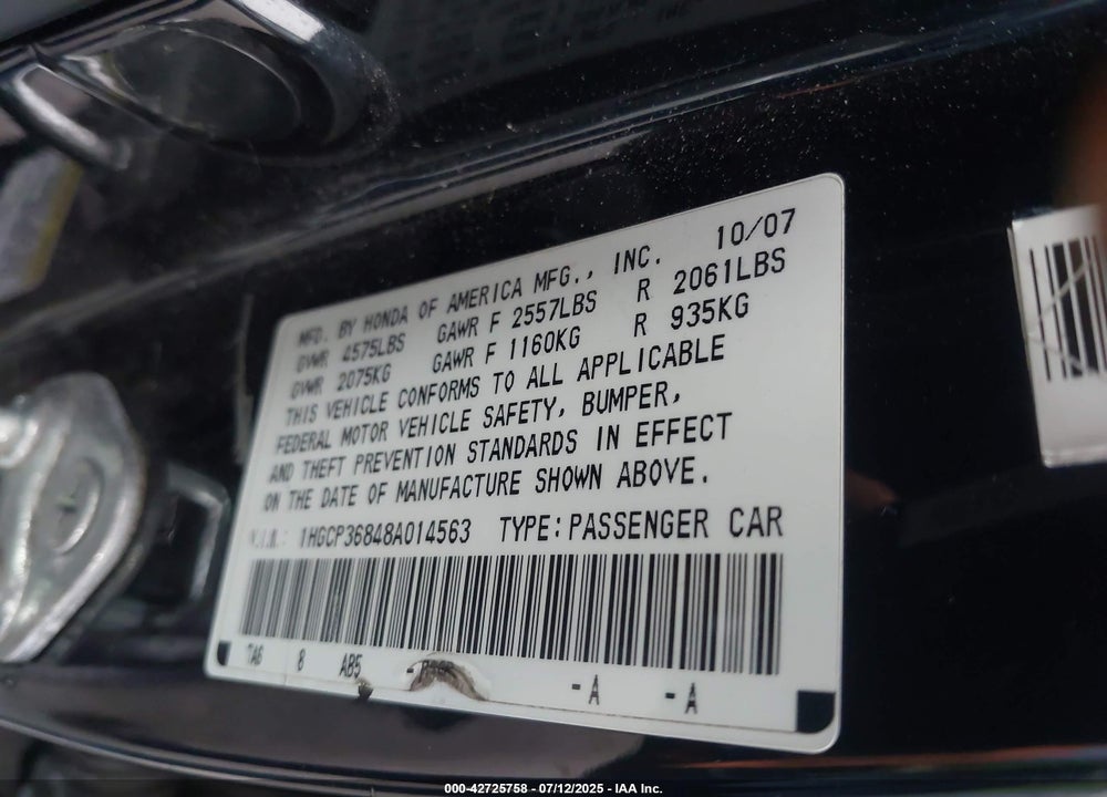 2008 HONDA ACCORD VIN: 1HGCP36848A014563