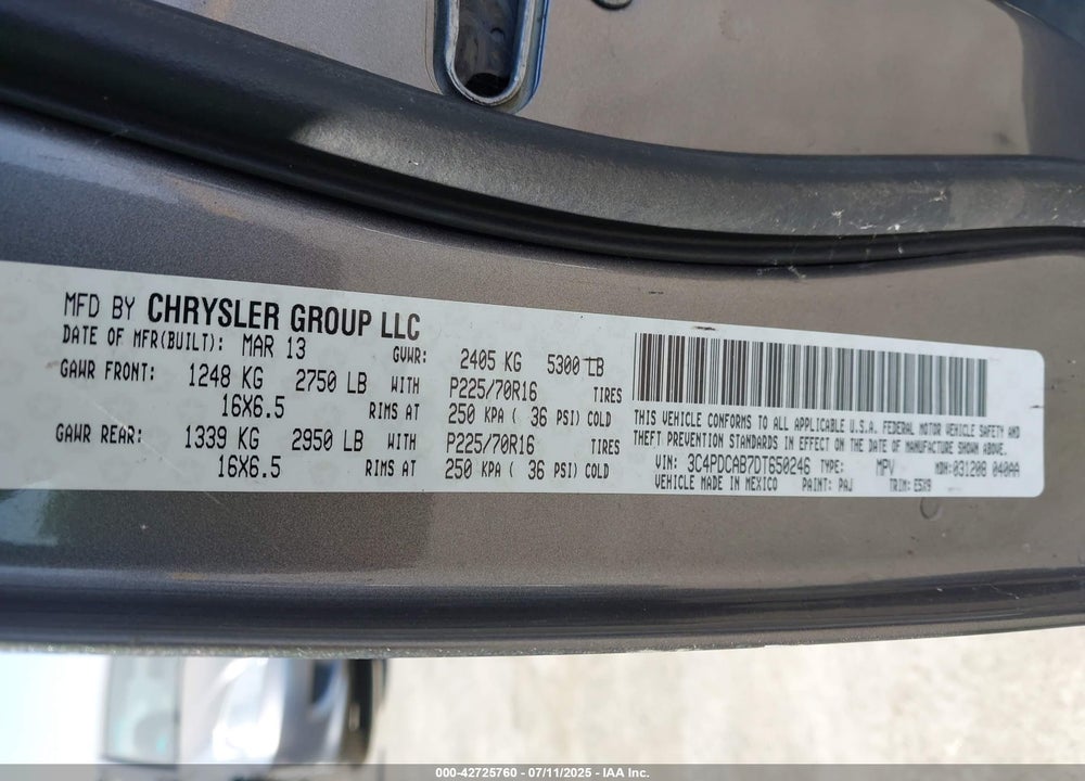 2013 DODGE JOURNEY VIN: 3C4PDCAB7DT650246