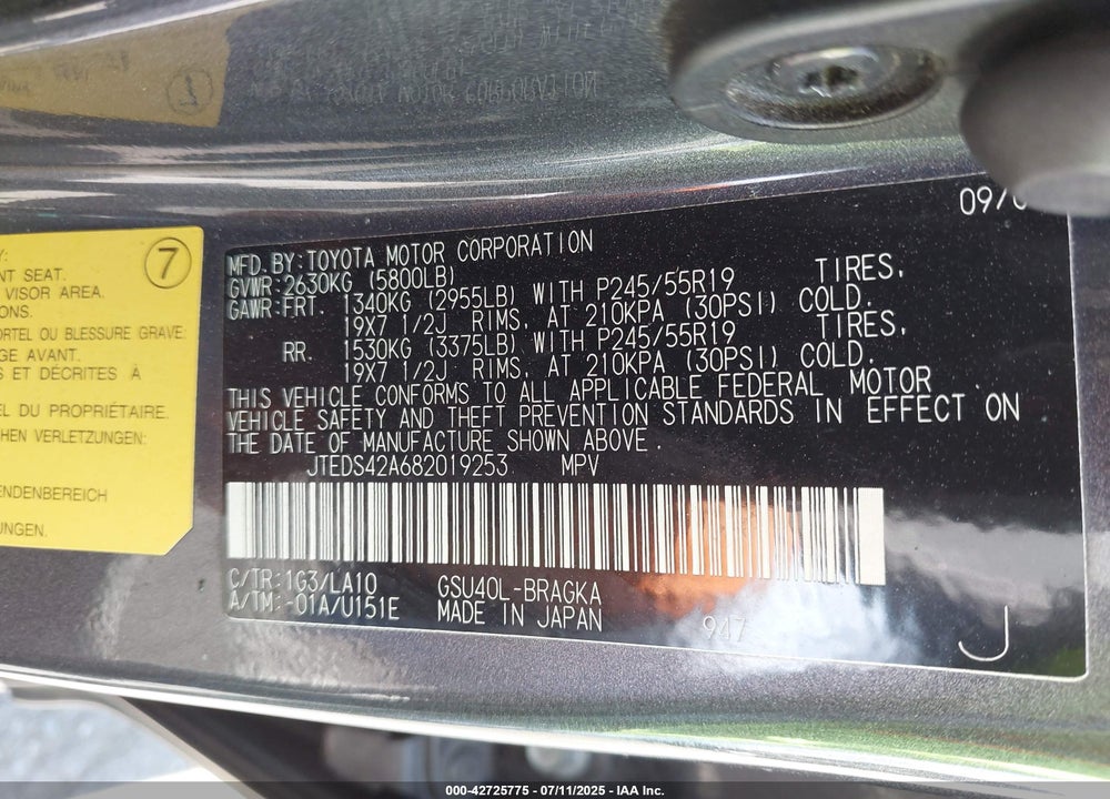 2008 TOYOTA HIGHLANDER VIN: JTEDS42A682019253