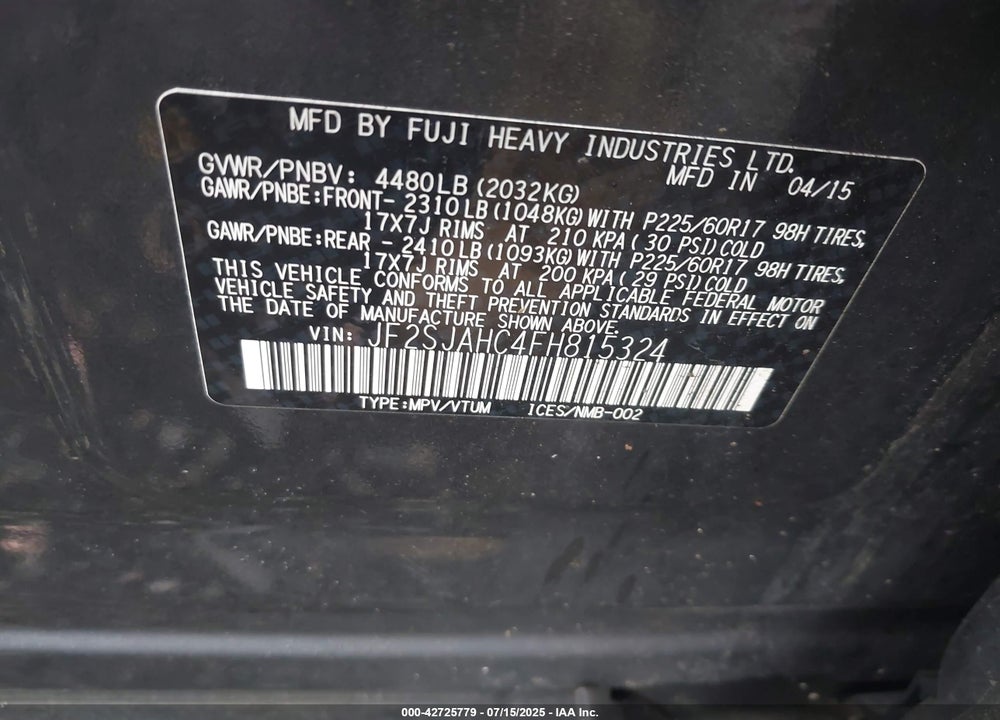 2015 SUBARU FORESTER VIN: JF2SJAHC4FH815324