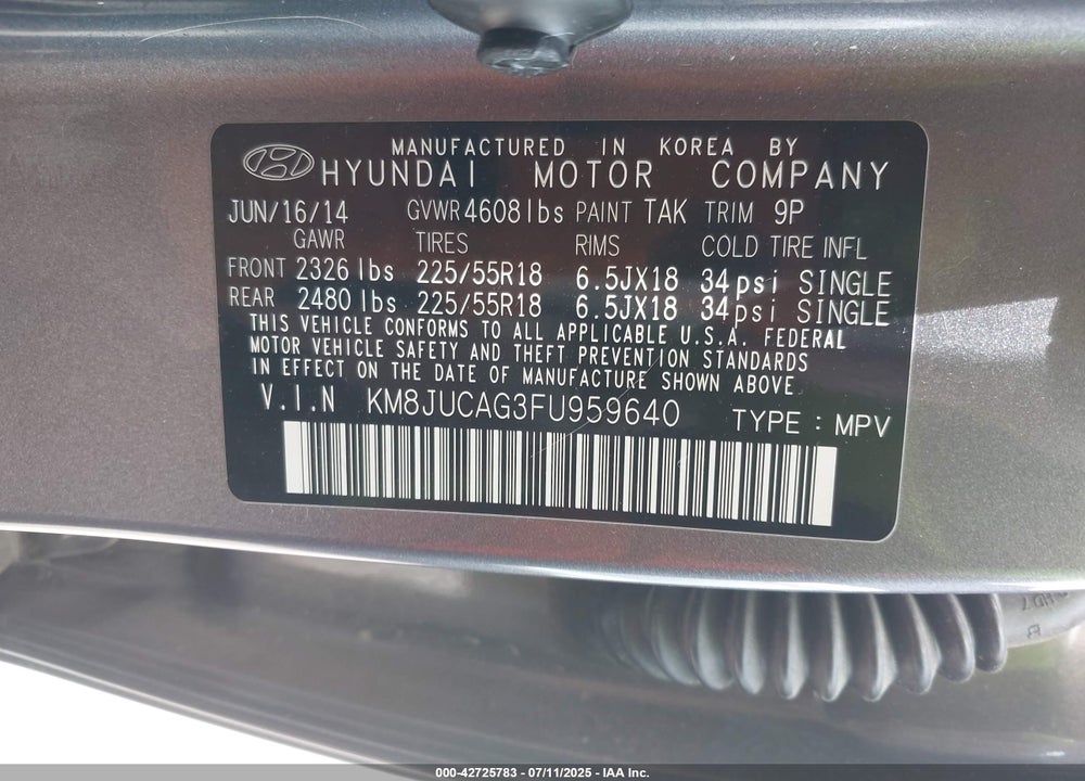 2015 HYUNDAI TUCSON VIN: KM8JUCAG3FU959640