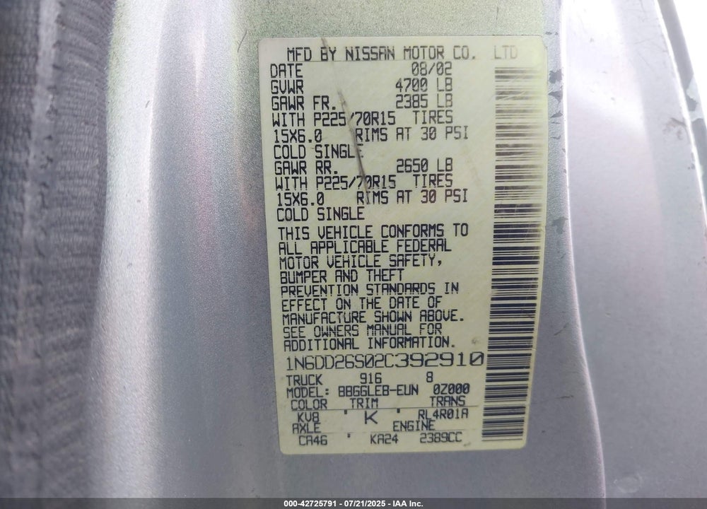 2002 NISSAN FRONTIER STANDARD VIN: 1N6DD26S02C392910