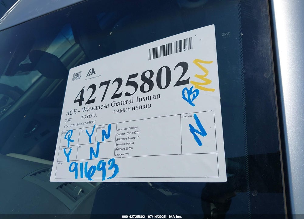 2007 TOYOTA CAMRY HYBRID VIN: JTNBB46K573039903