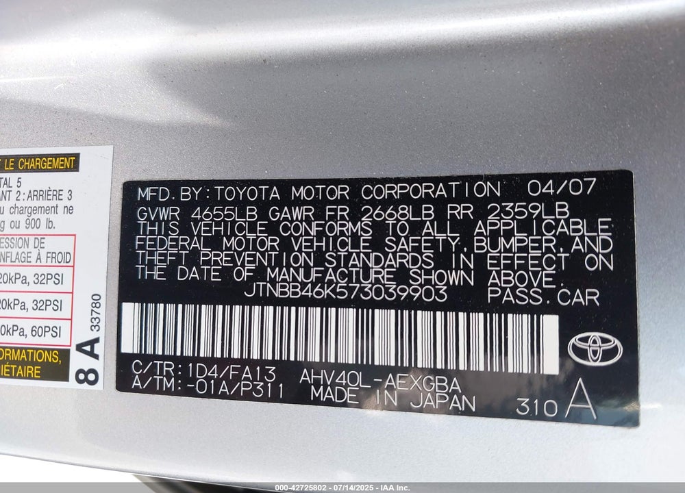 2007 TOYOTA CAMRY HYBRID VIN: JTNBB46K573039903