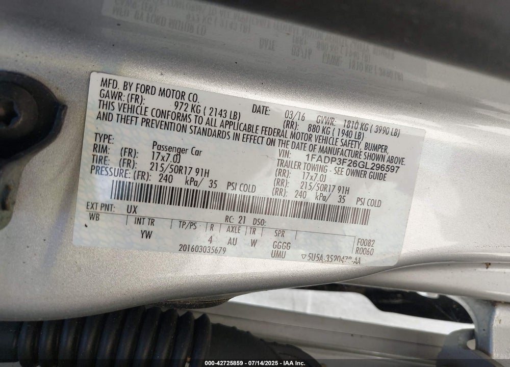 2016 FORD FOCUS VIN: 1FADP3F26GL296597