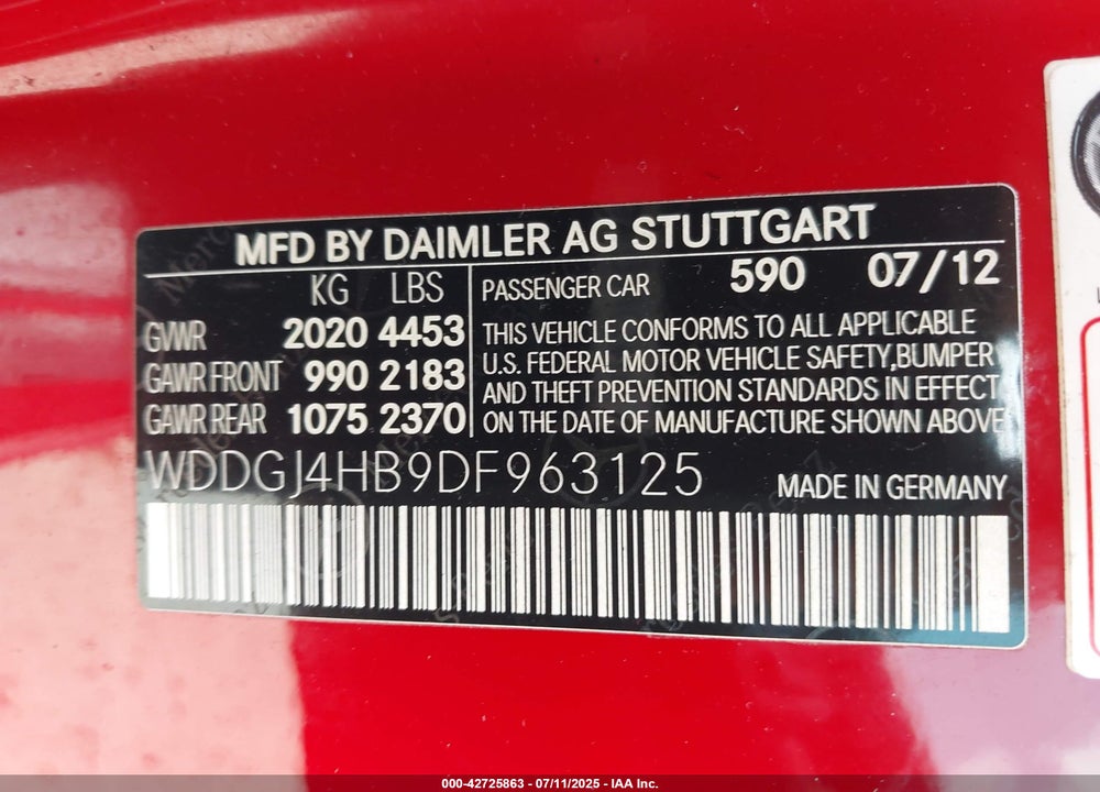 2013 MERCEDES-BENZ C CLASS VIN: WDDGJ4HB9DF963125