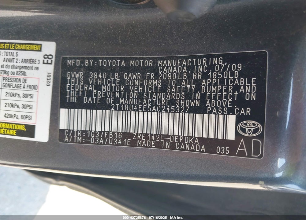 2010 TOYOTA COROLLA VIN: 2T1BU4EE5AC245327