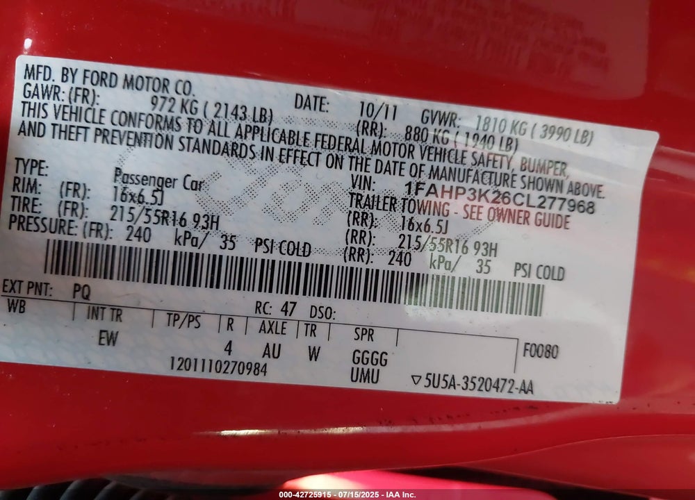2012 FORD FOCUS VIN: 1FAHP3K26CL277968
