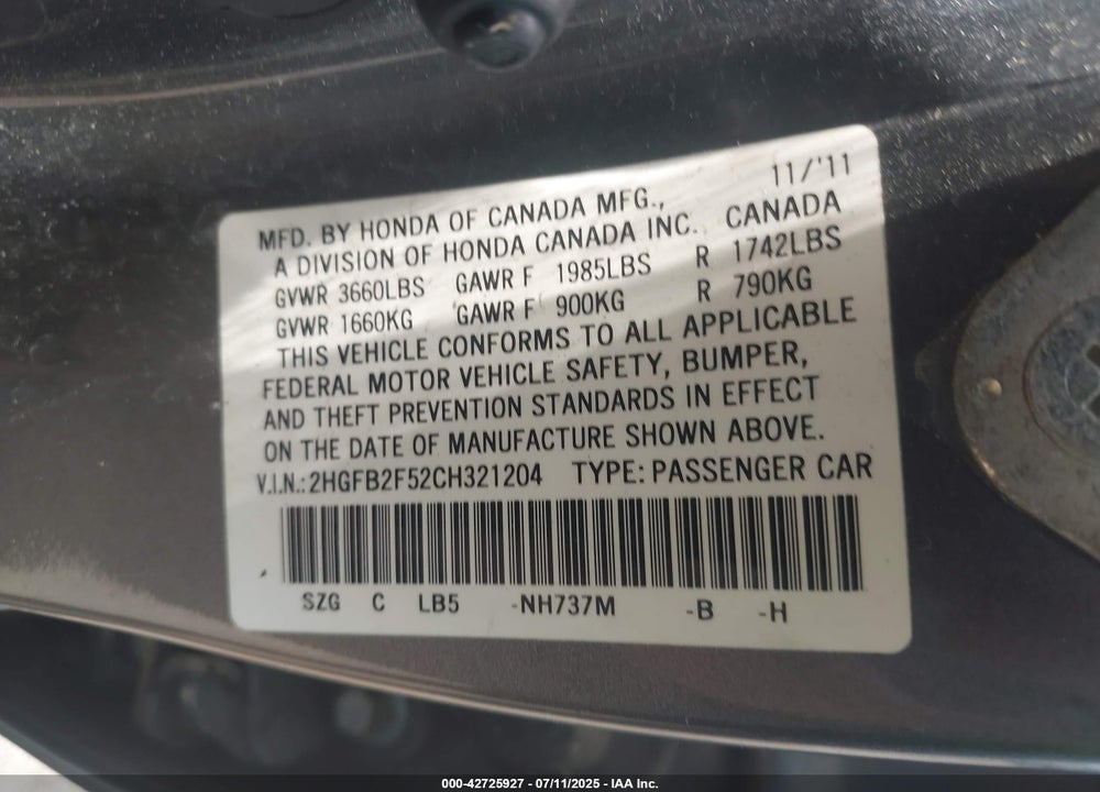 2012 HONDA CIVIC LX VIN: 2HGFB2F52CH321204